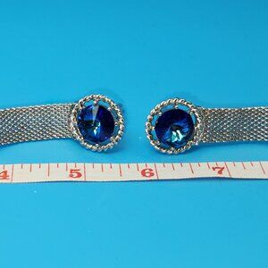 Vintage Dante silver tone mesh and gorgeous blue rivoli rhinestone cufflinks